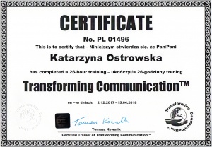 Certyfikat Katarzyna Ostrowska Trasforming Communication 